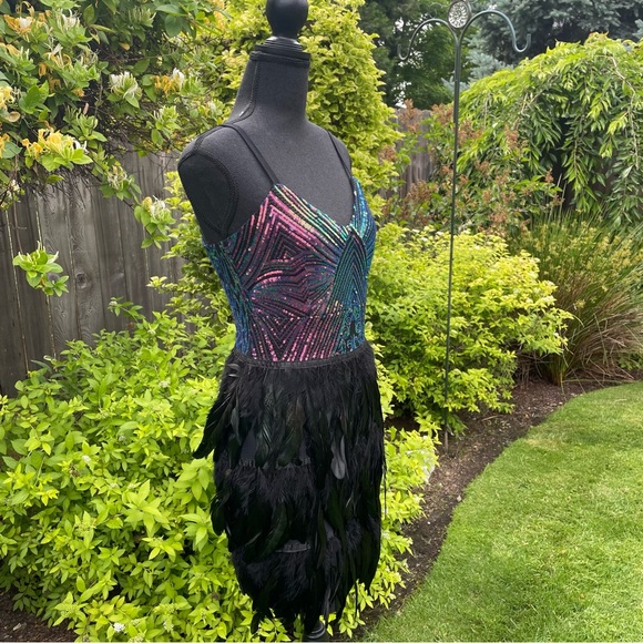 Sparkle & Shine Dress Short Sleeveless Spaghetti Strap Sequined with Feather - Picture 4 of 10